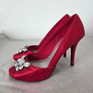 Fioni Night Red Heels Pumps Rhinestone Gemstone Feminine Date Night 4.5" Heel 8